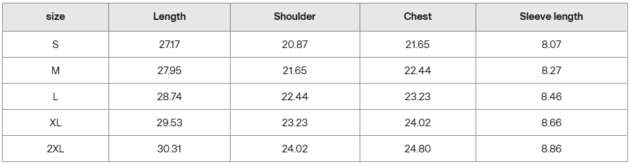 Shirt size guide chart with measurements for length, shoulder, chest, and sleeve length in inches for sizes S to 2XL.