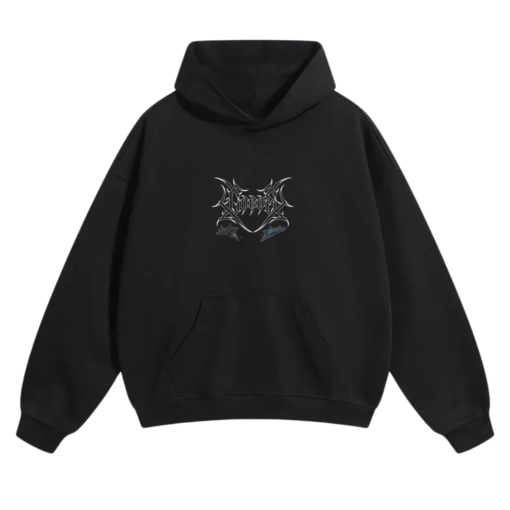 black streetwear hoodie with metallic graphic logo and front kangaroo pocket