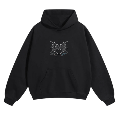 black streetwear hoodie with metallic graphic logo and front kangaroo pocket