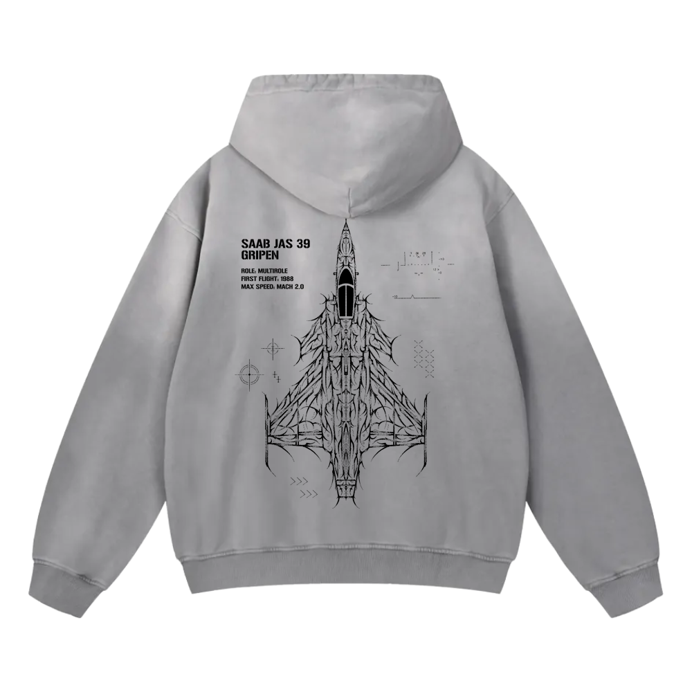 Gray hoodie back with Saab JAS 39 Gripen jet line art and aviation-inspired text graphic