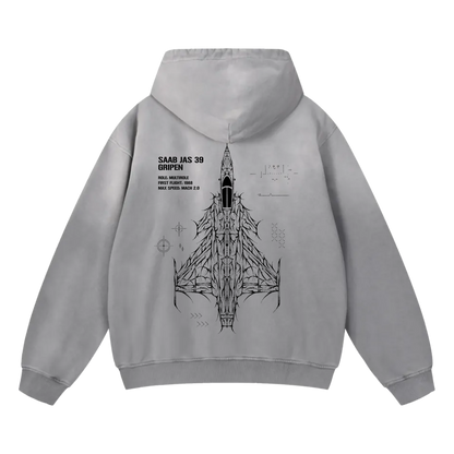 Gray hoodie back with Saab JAS 39 Gripen jet line art and aviation-inspired text graphic