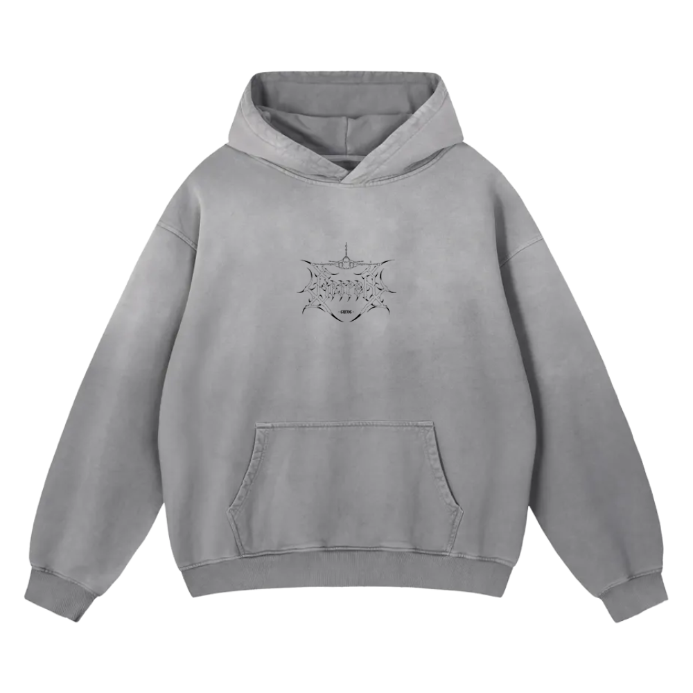 Gray hoodie with front pocket and black abstract graphic logo on chest, streetwear style