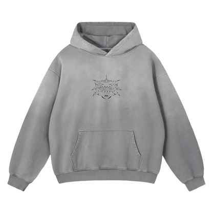 Gray hoodie with front pocket and black abstract graphic logo on chest, streetwear style
