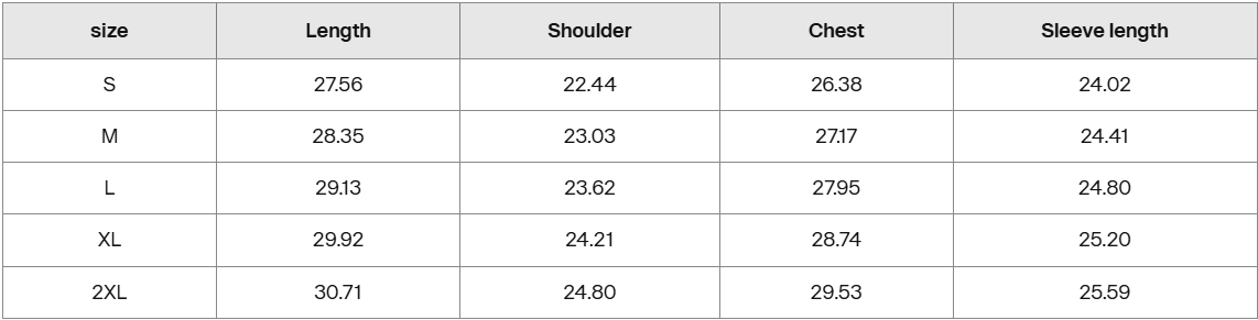 Grey hoodie size guide chart with measurements for S to 2XL: length, shoulder, chest, sleeve length.