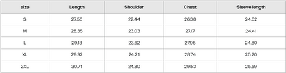 Grey hoodie size guide chart with measurements for S to 2XL: length, shoulder, chest, sleeve length.
