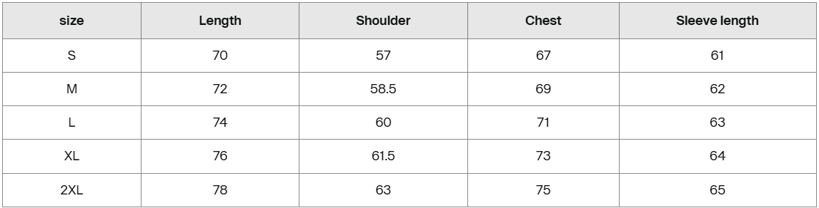 Grey hoodie size guide chart in centimeters showing small to 2XL measurements.