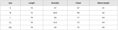 Grey hoodie size guide chart in centimeters showing small to 2XL measurements.