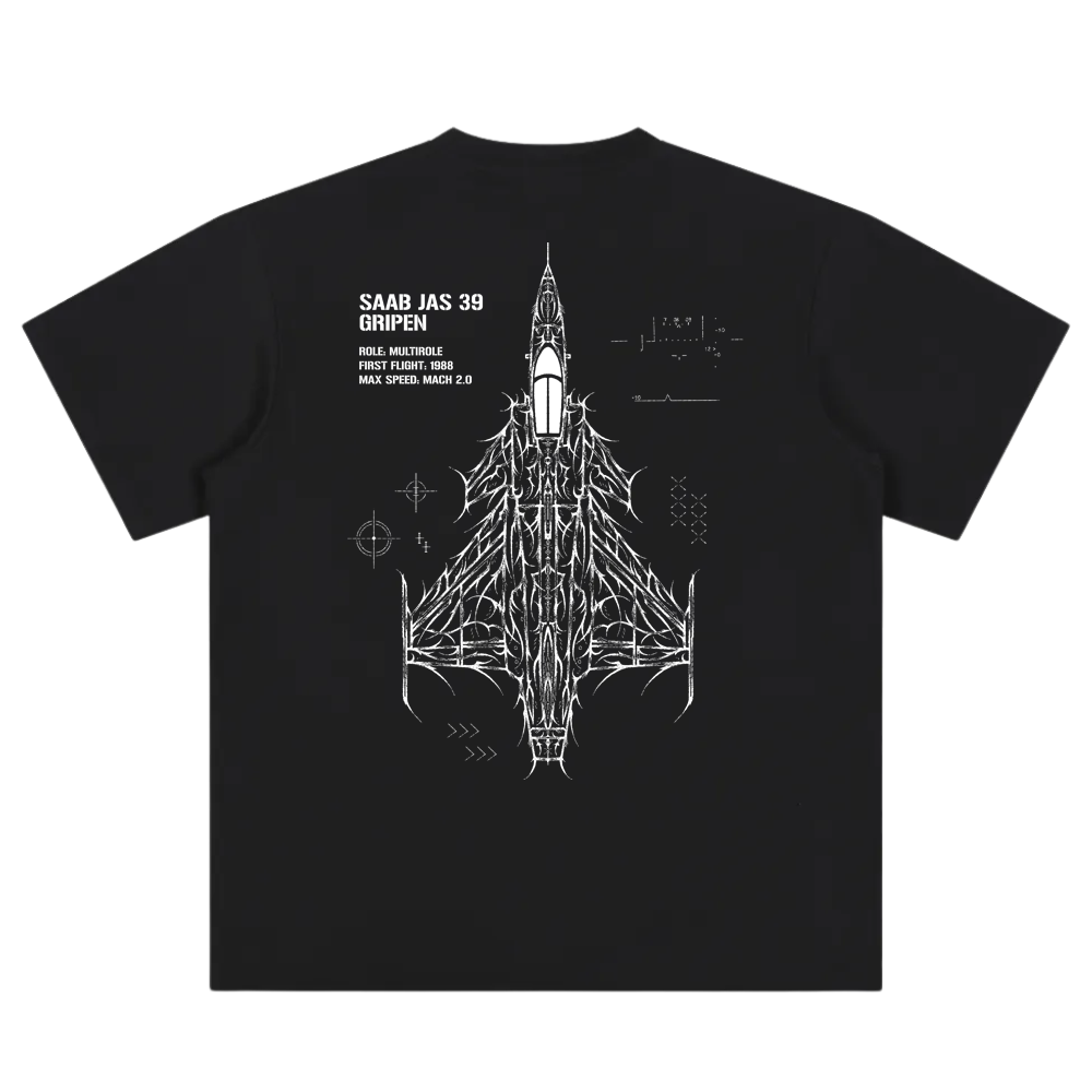 Black t-shirt with Saab JAS 39 Gripen jet fighter technical line art on the back