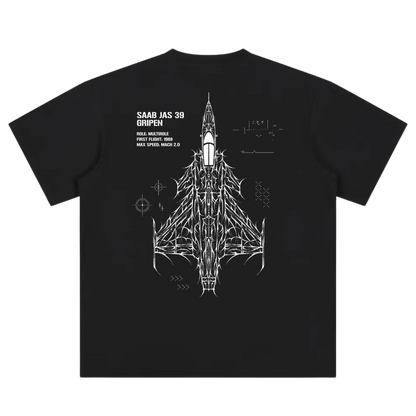 Black t-shirt with Saab JAS 39 Gripen jet fighter technical line art on the back