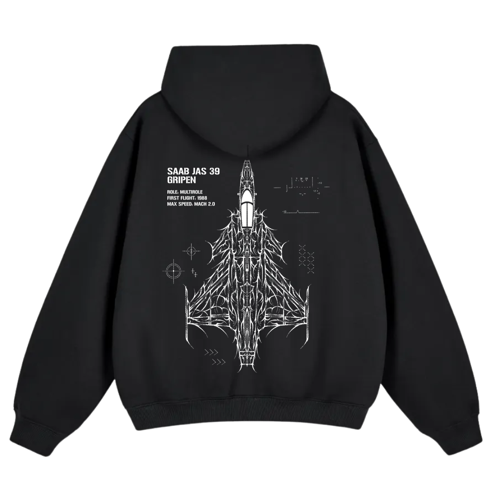 Black hoodie featuring white Saab JAS 39 Gripen fighter jet line art and technical details on back