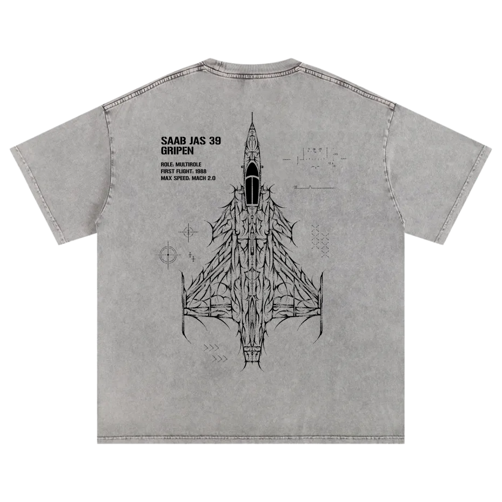 Gray t-shirt back with black line art of Saab JAS 39 Gripen fighter jet and tactical text