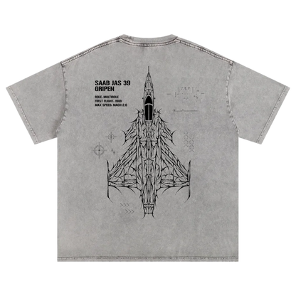 Gray t-shirt back with black line art of Saab JAS 39 Gripen fighter jet and tactical text