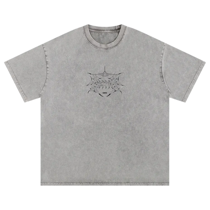 Grey washed streetwear t-shirt with black aviation-inspired graphic and linework on chest
