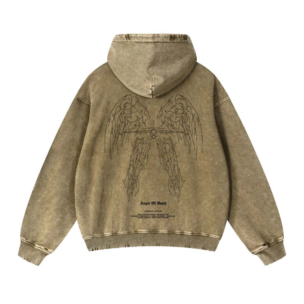 Tan hoodie back with black line art of angel wings and aircraft, aviation streetwear style