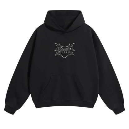 Black hoodie with silver abstract logo and front pouch pocket, streetwear style
