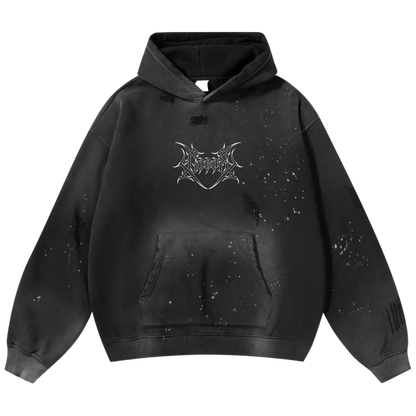 Black hoodie with white graphic text, paint splatter, and distressed frayed details