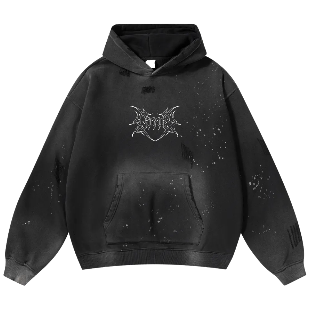 Black streetwear hoodie with graphic logo, paint splatter, and frayed distressed details.