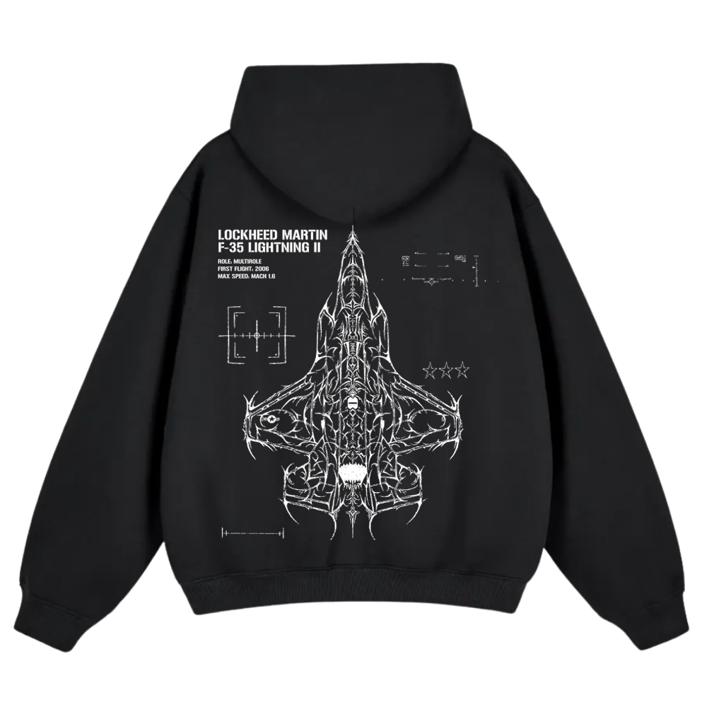 Black hoodie with white technical F-35 Lightning II fighter jet graphic and aviation line art