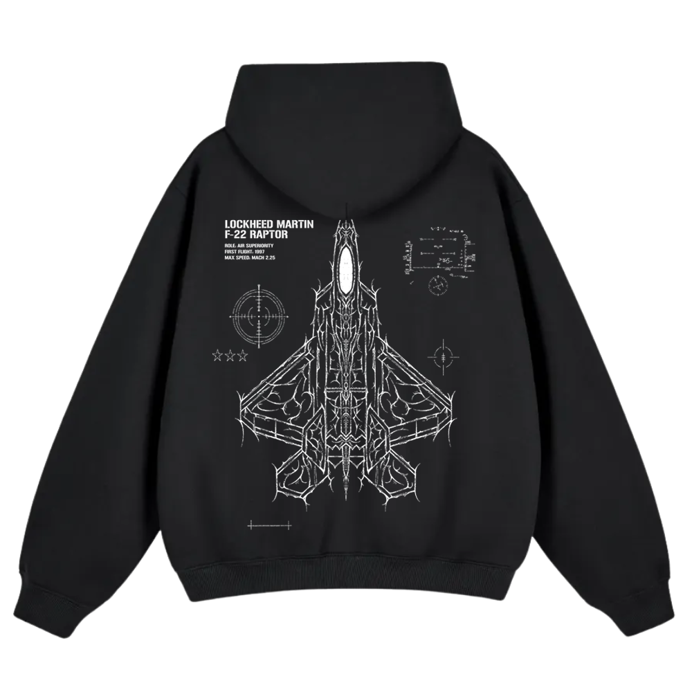 Black hoodie with white F-22 Raptor jet schematic and aviation-inspired graphics on back