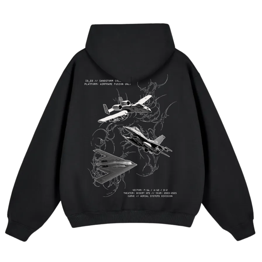 Black hoodie back with aviation-inspired design featuring jets and white technical text
