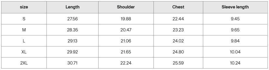 Khaki shirt size guide chart with measurements for length, shoulder, chest, and sleeve