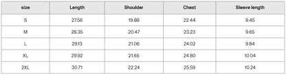 Khaki shirt size guide with measurements for S to 2XL including length, shoulder, chest, and sleeve length.