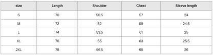 Khaki shirt size guide chart with measurements for length, shoulder, chest, and sleeve length in cm.