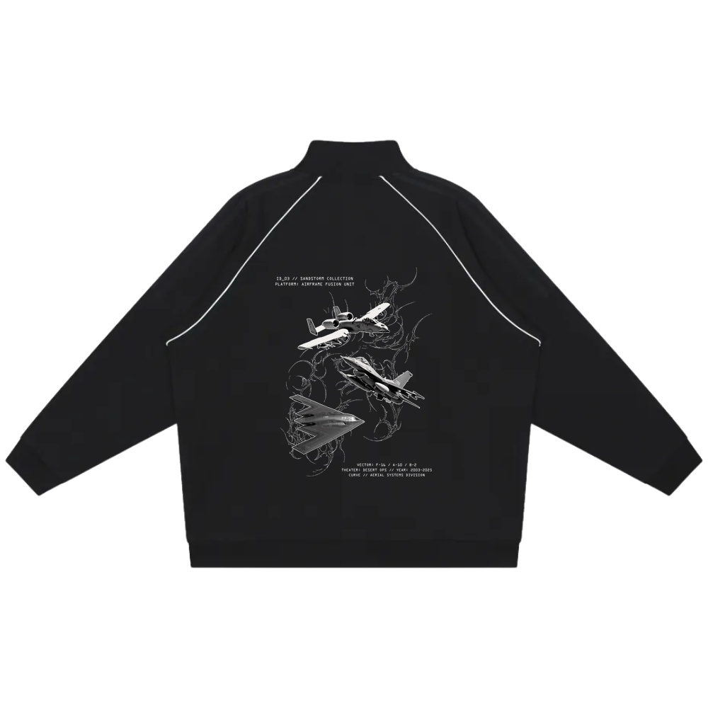 Black track jacket back with white line art of fighter jets and aviation-inspired graphics