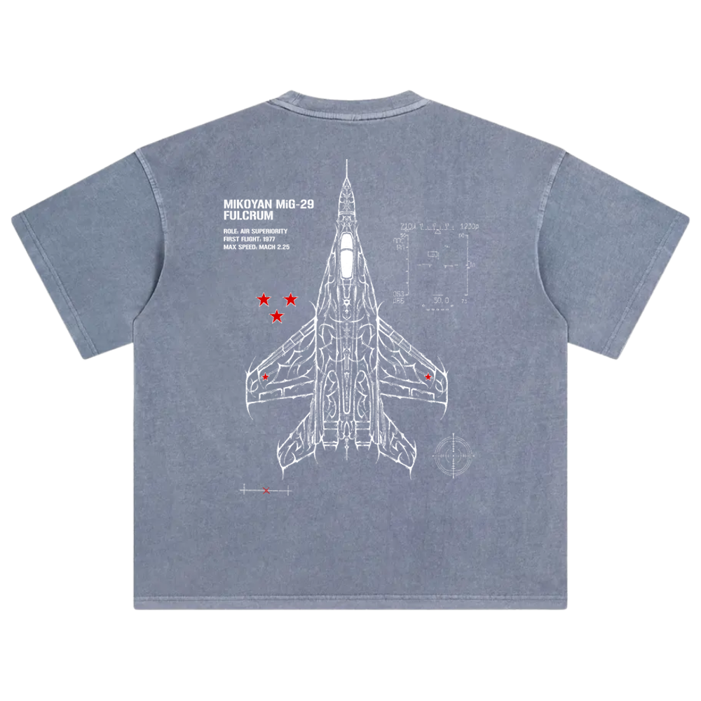 Blue t-shirt with white MiG-29 fighter jet schematic, red stars, and technical text on back