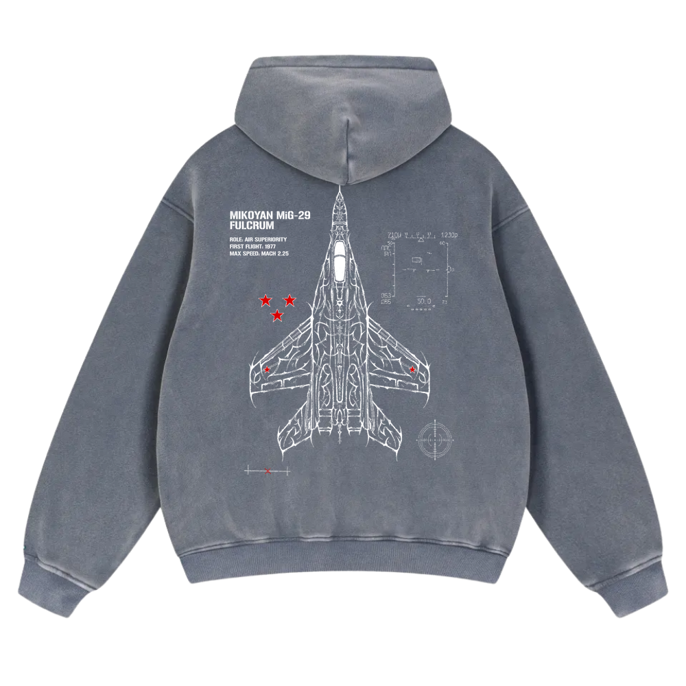 Blue hoodie with white MiG-29 fighter jet graphic, red stars, and technical line art on back.