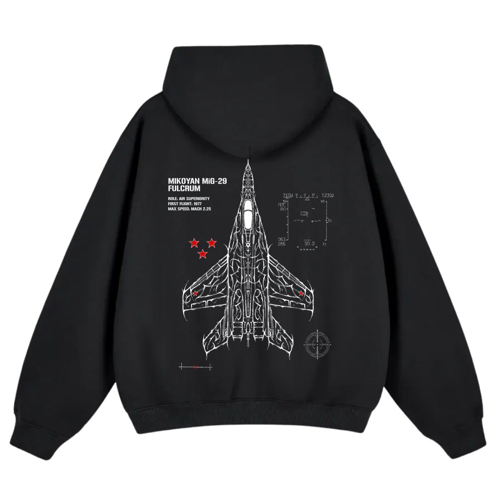Black hoodie with white line art of MiG-29 fighter jet, technical specs, and red star accents.