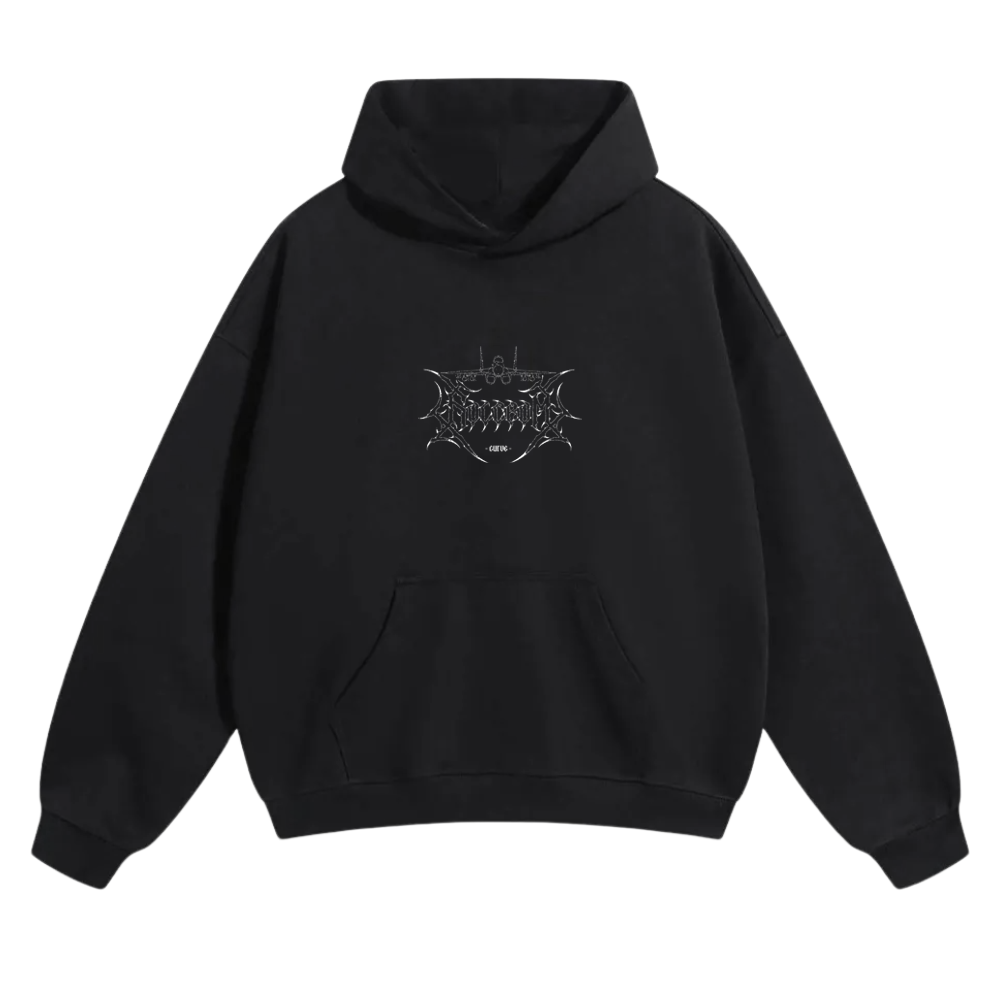 Black hoodie with graphic aviation-inspired linework and front logo design