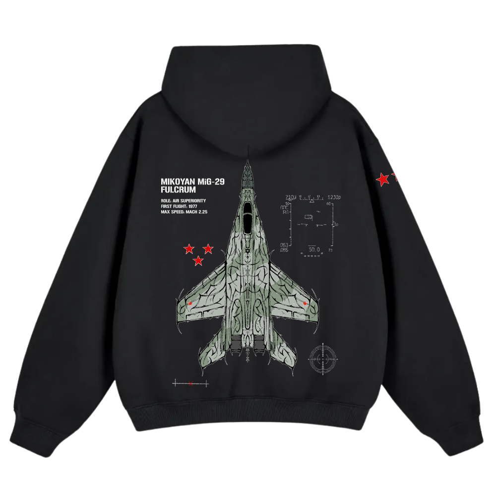 Black hoodie with Mikoyan MiG-29 fighter jet graphic, aviation specs, and red star accents