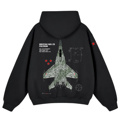 Black hoodie with Mikoyan MiG-29 fighter jet graphic, aviation specs, and red star accents