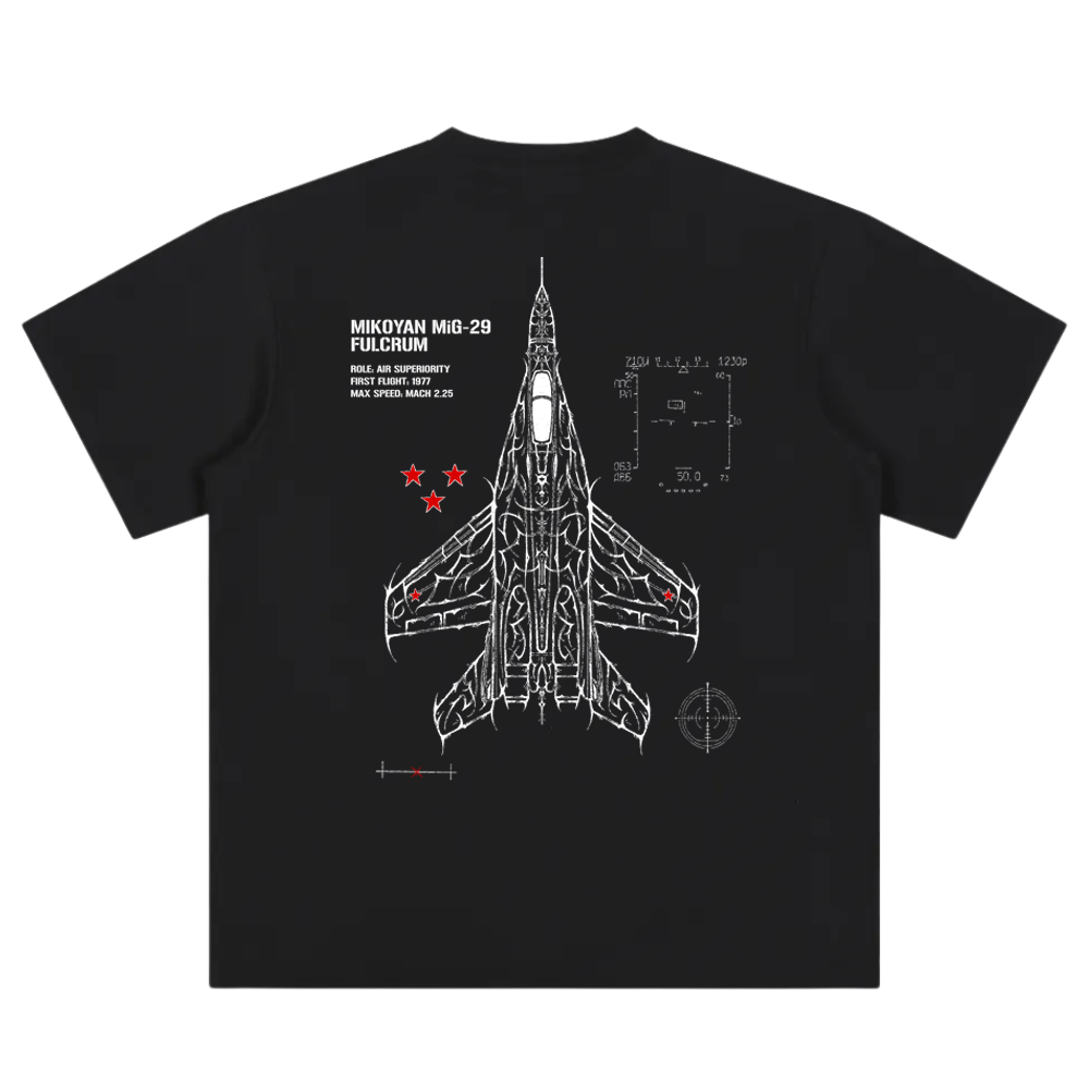 Black t-shirt featuring MiG-29 fighter jet blueprint with technical specs and red star accents.