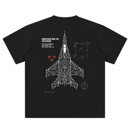 Black t-shirt featuring MiG-29 fighter jet blueprint with technical specs and red star accents.