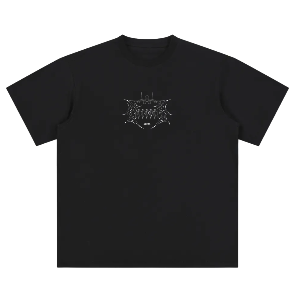 Black t-shirt with silver aviation line art and modern graphic on front center