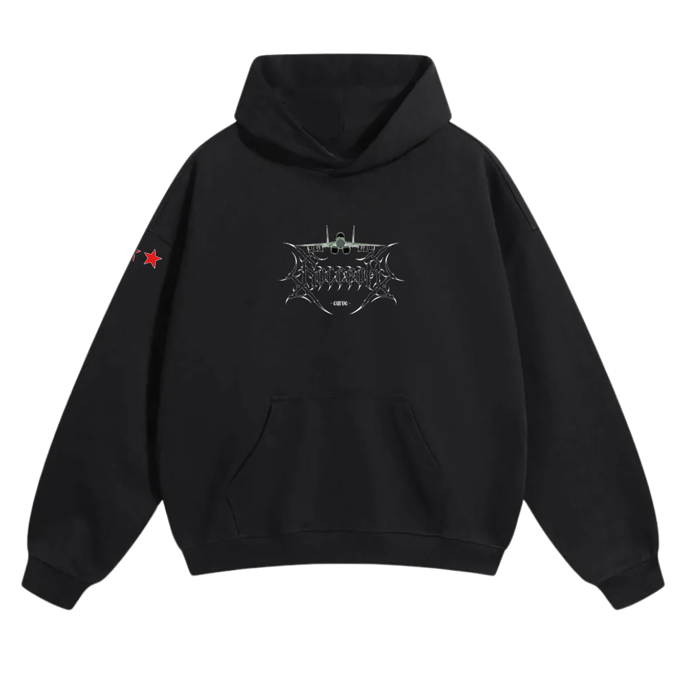 Black hoodie with tactical jet graphic and red star patch on sleeve, front view