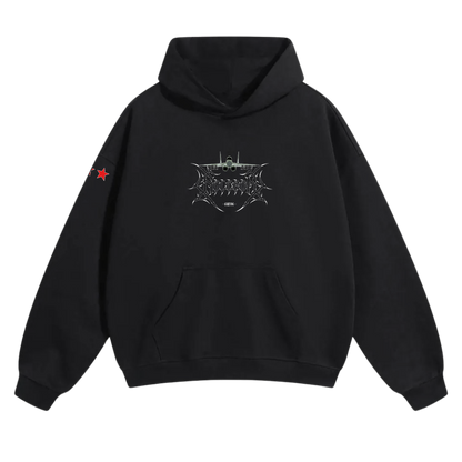 Black hoodie with tactical jet graphic and red star patch on sleeve, front view