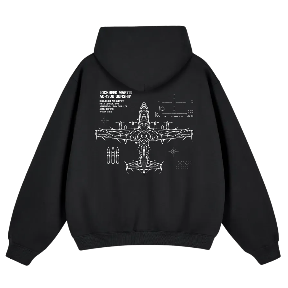 Black hoodie with white AC-130U gunship schematic and technical linework on back