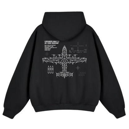 Black hoodie with white AC-130U gunship schematic and technical linework on back