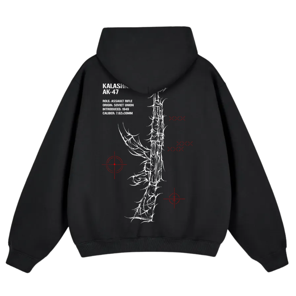 Black hoodie with white line art rifle graphic, red target icons, and technical text on the back.