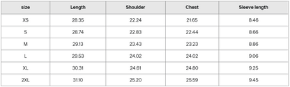 Black shirt size guide chart with measurements for XS to 2XL, including length, shoulder, chest, and sleeve length.