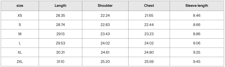 Black shirt size guide chart with measurements for XS to 2XL, showing length, shoulder, chest, and sleeve length.