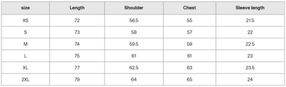 Black shirt size chart in cm with measurements for XS to 2XL: length, shoulder, chest, sleeve length.