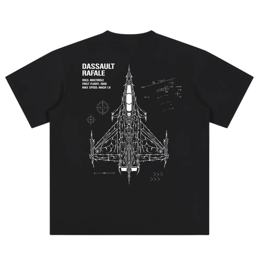 Black t-shirt with white Dassault Rafale jet technical drawing and aviation-inspired details on back