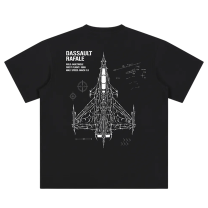Black t-shirt with white Dassault Rafale jet technical drawing and aviation-inspired details on back