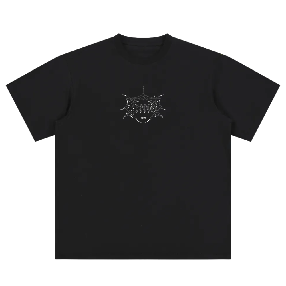 Black streetwear t-shirt with metallic aviation-inspired graphic and modern linework on front.