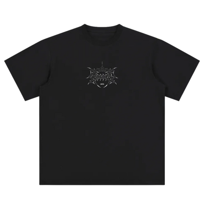 Black streetwear t-shirt with metallic aviation-inspired graphic and modern linework on front.
