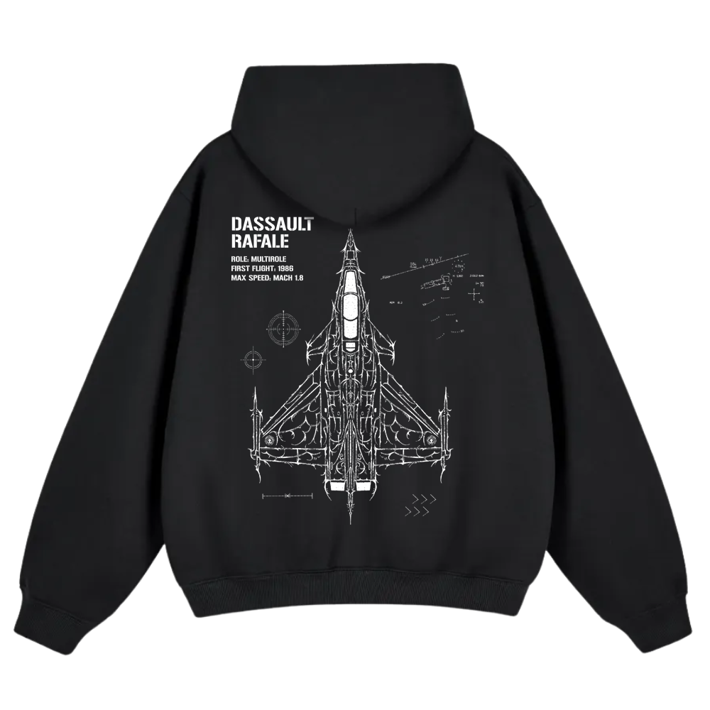 Black hoodie with white technical drawing of Dassault Rafale jet on back, aviation streetwear